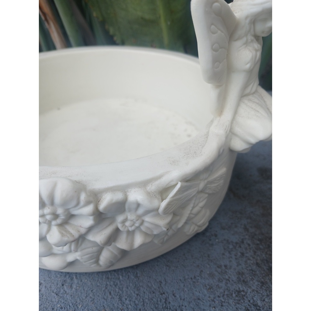 Vintage White Fairy Garden Bowl Floral Dragonfly Resin Planter Trinket Dish - Picture 6 of 10